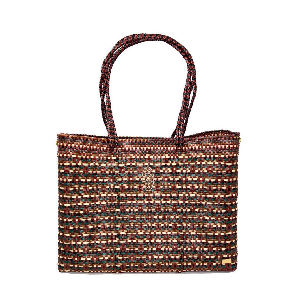NEW LOLA'S BAG women's travel woven tote bag with clutch in burgundy/green